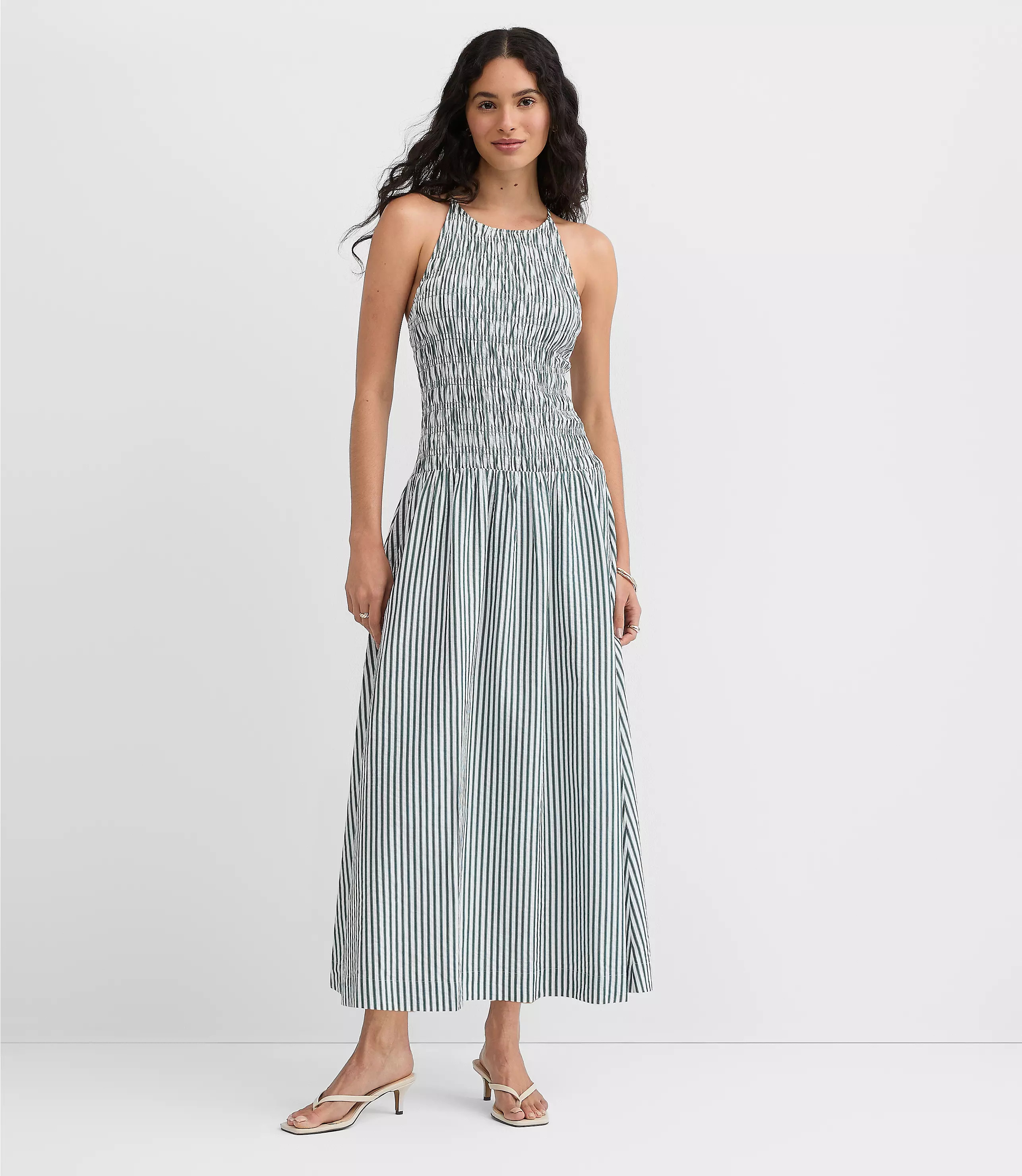 Petite Striped Smocked Halter Midi Pocket Dress | LOFT