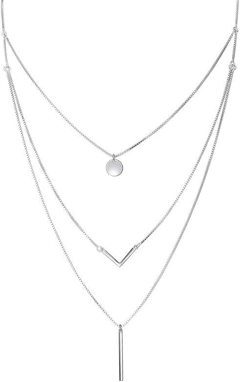 S925 Sterling Silver Triple Layer Pendant Choker Necklace for Women 16"+2" | Amazon (US)