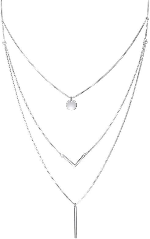 S925 Sterling Silver Triple Layer Pendant Choker Necklace for Women 16"+2" | Amazon (US)