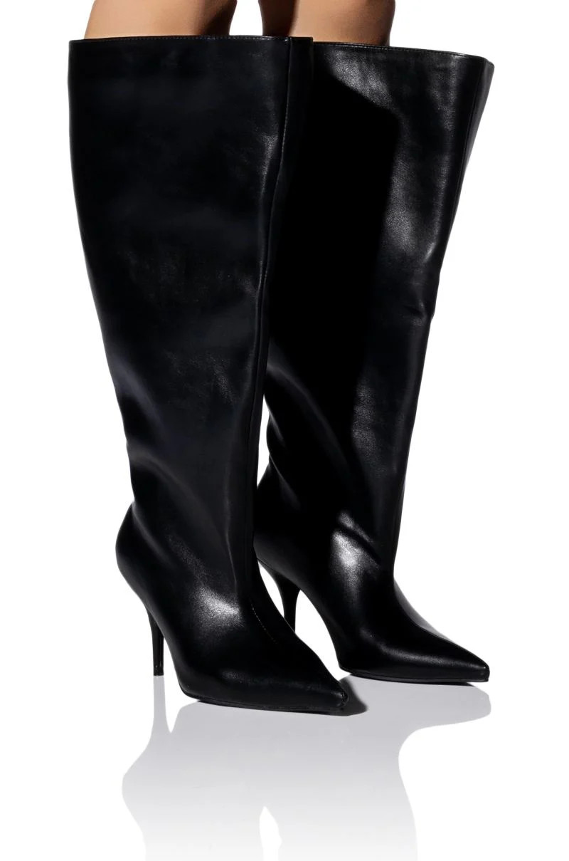 BRIGHTEN-BLACK OVERSIZED KNEE HIGH STILETTO BOOT | Azalea Wang