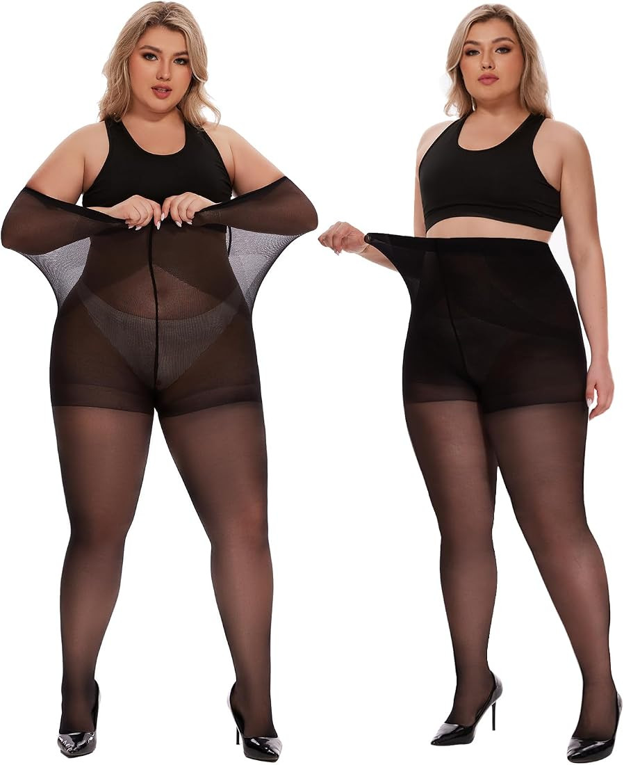 YAGAXI 2 Pairs Plus Size Sheer Tights for Women - 20D Women's Control Top Pantyhose Reinforced To... | Amazon (US)