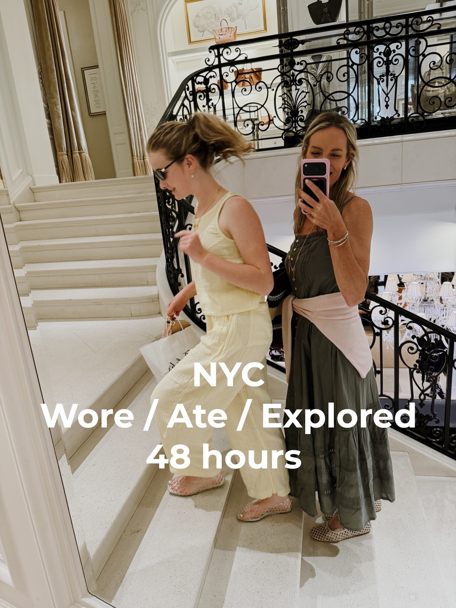 NYC hot takes : we also don’t love the theatre or long lunches … shopping and time together and just being in the city is our happy place! 
1. Pick neighborhoods and stick to them for periods of time. We started UES with met , quick grab n go lunch at my fave Butterfield market , and then shopped! Hermes, Chanel , Ralph Lauren, Miu Miu, Tuckernuck , bergdorfs, roller rabbit , Toteme…. Grabbed a coffee at Ralph’s which was fun for Norah! 
2. We stayed in Tribeca so made our way to Fouquets which is my favorite! Dinner in west village at The Little Owl which was beyond cozy cute and felt like we were a part of the neighborhood. Loved so much! 
3. Up and walked to Bubby’s in Tribeca for 8am open! Lines get crazy! So delic. 
4. Took our driver ( my #1 bougie must have for my own mom craziness in this big city ) and went to the battery to walk and see Statue of Liberty. 
5. Downtown shopping ! Soho to start because of crowds and then made our way to west village for lunch at L’ Academie pizza which was the best pizza we have ever had. Insane!! And some favorite smaller shops ( loeffler, hart , doen , little words project , la linge …. ) 
5. Back to hotel for rest and ordered the best room service iced coffees. Grabbed dinner at The Waverly Inn and yum! So good plus ambience was 100. 

Until next time!