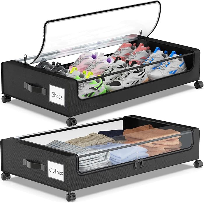 Under Bed Storage with Wheels, 2-Pack Underbed Storage Containers with Clear Lids, Under Bed Shoe... | Amazon (US)