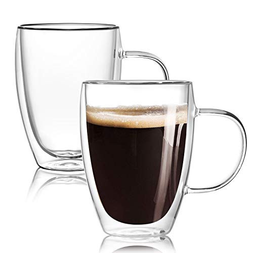12 Oz Double Walled Glass Coffee Mugs with Handle, Insulated Layer Coffee Cups, Clear Borosilicate Glass Mugs - Gift for Cappuccino,Tea,Latte,Espresso,Hot Beverage,Cold Drinks, Set of 2 | Amazon (US)