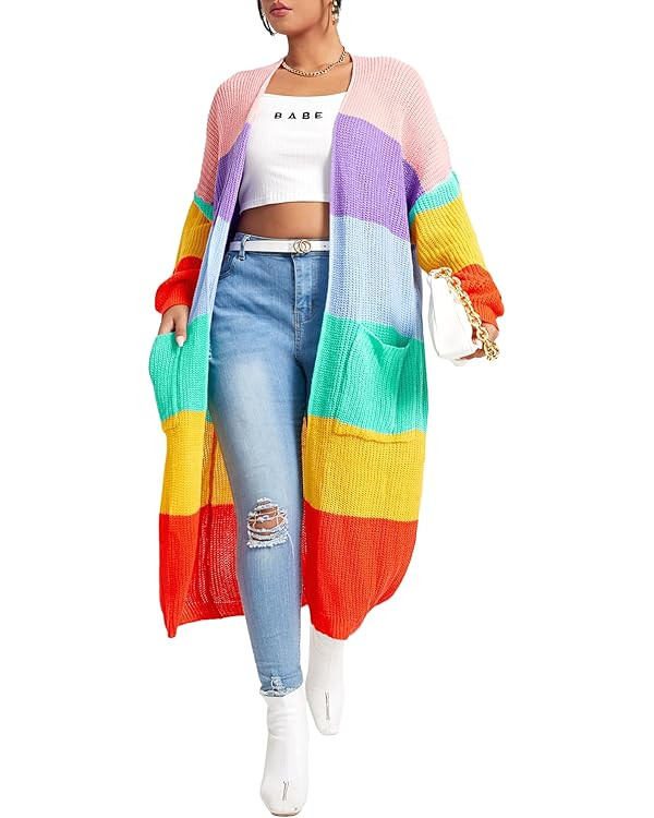 WDIRARA Women's Plus Size Rainbow Stripes Drop Shoulder Long Sleeve Casual Cardigan Sweaters | Amazon (US)