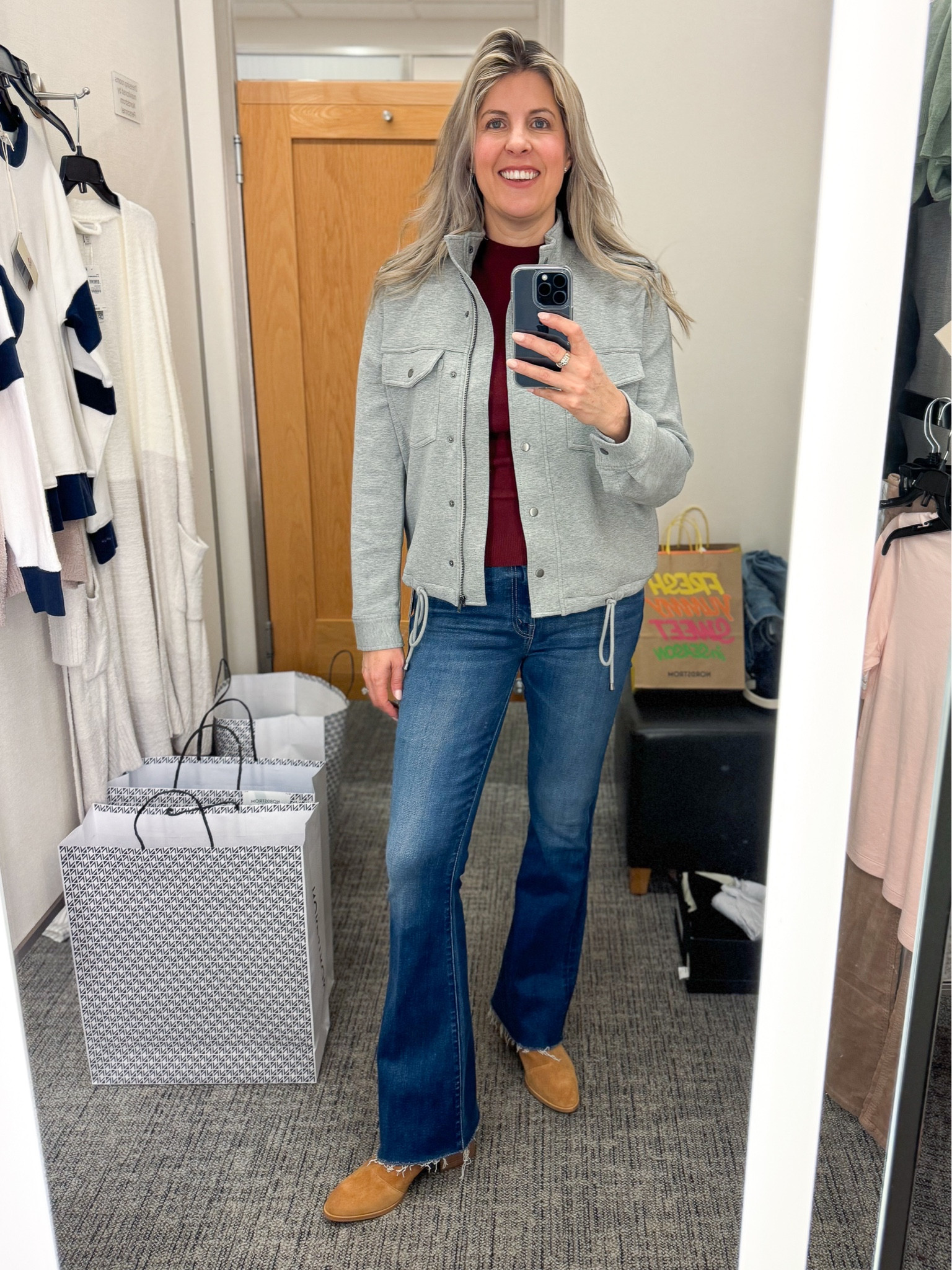 Love mixing neutrals. This jacket from Rails is both cute and practical! I have it layered over a burgundy sleeveless sweater and paired with flares and booties. Rails military jacket, Mother denim, Open Edit ruched sweater, Rag and Bone booties. Booties run a tad big IMO  

#LTKfindsunder50 #LTKSeasonal #LTKsalealert