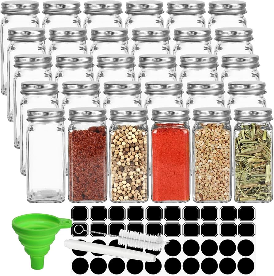 Keketin 30 Pack Glass Spice Jars 4 oz with Labels, Empty Square Spice bottles Seasoning Container... | Amazon (US)