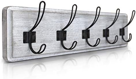 Rustic Coat Rack - Wall Mounted Whitewash 24" Entryway Coat Hooks - 5 Rustic Hooks, Solid Pine Wo... | Amazon (US)