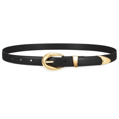 SUOSDEY Womens Skinny Leather Black Belt for Jeans Dresses Pants,Ladies Thin Waist Gold Buckle Belt 0.8" | Amazon (US)