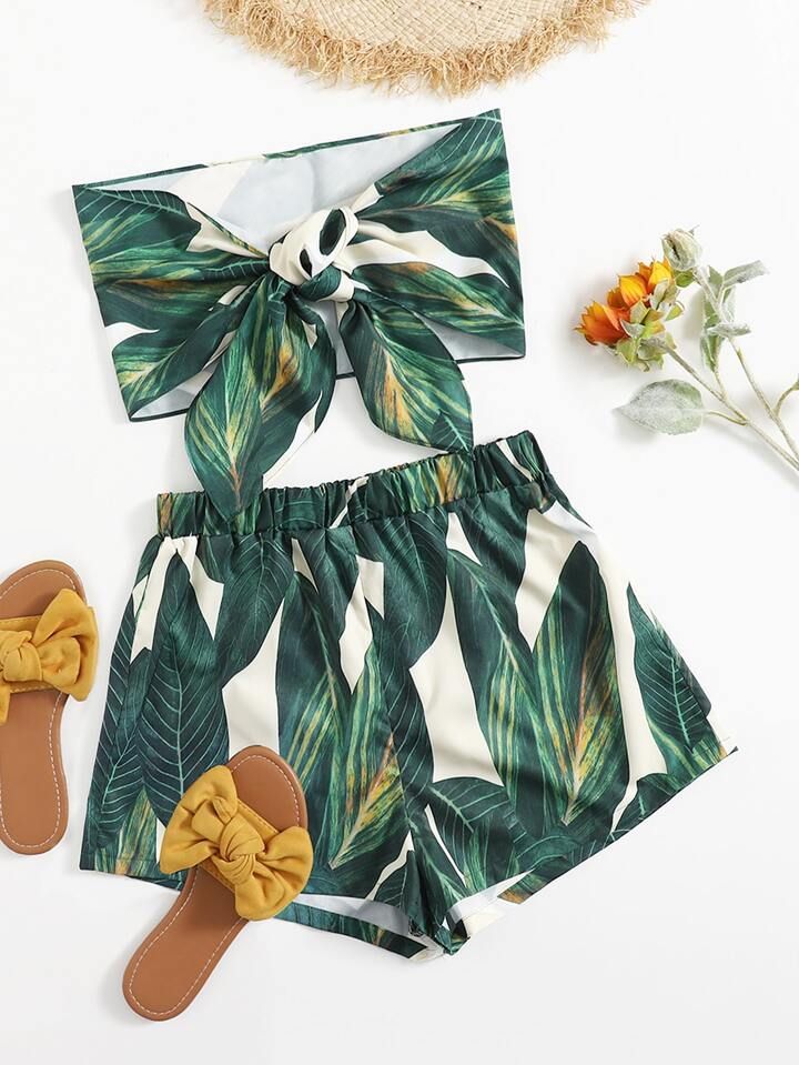 SHEIN WYWH Tie Front Tropical Print Tube Top & Shorts Set | SHEIN