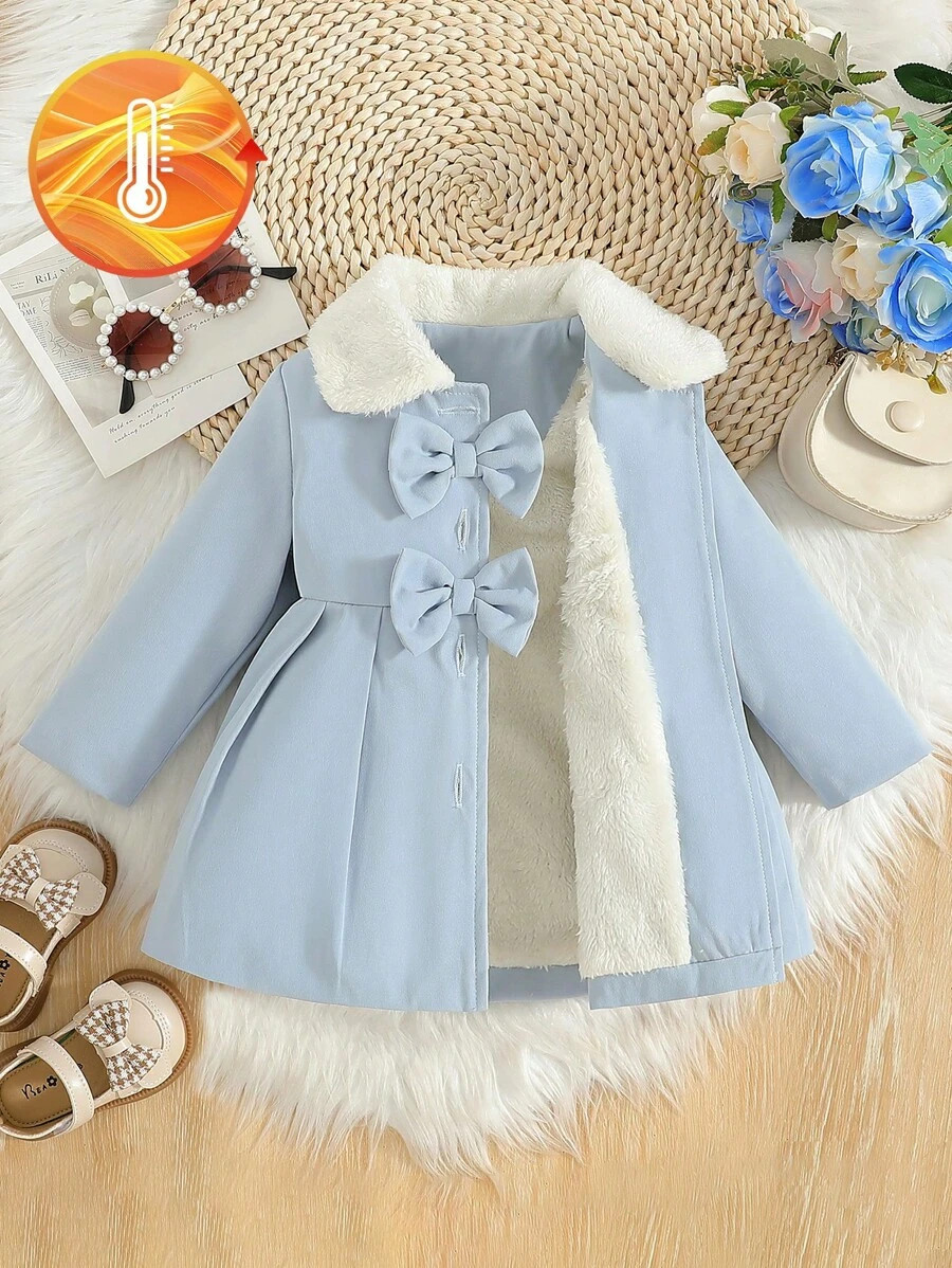 SHEIN Baby Girl Fuzzy Collar Bow Design Windbreaker, Autumn/Winter Coat For Baby Girlbaby Girl Co... | SHEIN