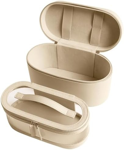 Travel Makeup Cases skincare Bag Beige White Organizer Leather Stand Hard Small Make up with Doub... | Amazon (US)