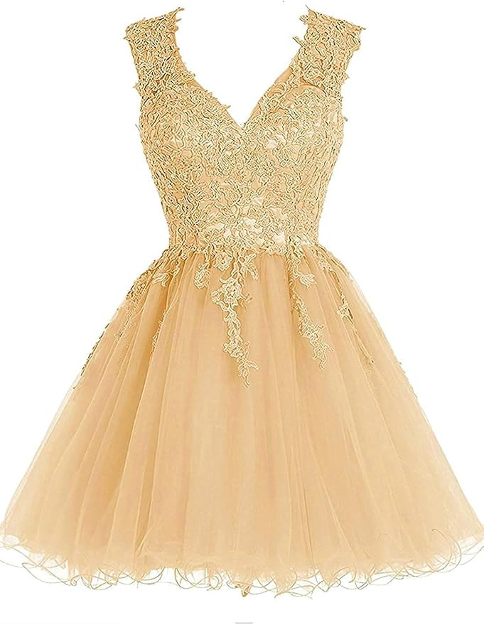 Homecoming Dresses for Juniors Short Tulle Prom Dress V Neck Lace Homecoming Dress Open Back | Amazon (US)