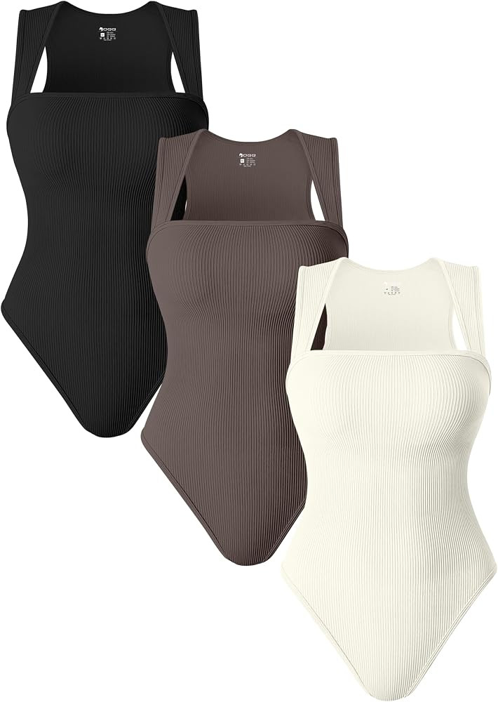 OQQ 3 Piece Bodysuits For Women Sexy Ribbed Strappy Square Neck Stretch Tank Tops Bodysuits | Amazon (US)