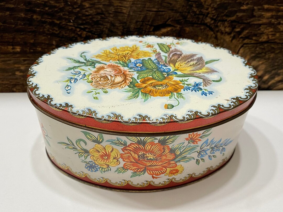 Vintage Daher Tin, White Floral Tin, Tin with Fall-Color Floral Pattern, Long Island New York Dah... | Etsy (US)