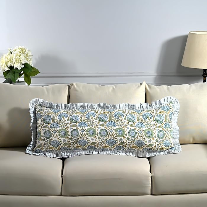 Ridhi Block Print Asparagus Green 36"x14" Set 1-100% Cotton Ruffle Lumbar Sham Cover Boho Floral ... | Amazon (US)