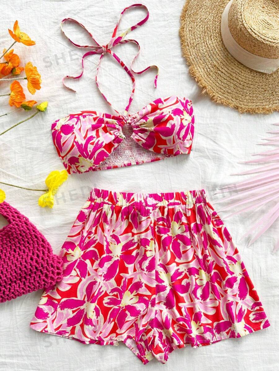 SHEIN WYWH Ladies' Beach Vacation Fuchsia Tropical Floral Graduation Back To School Cute Casual S... | SHEIN