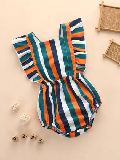 Baby Girl Striped Ruffle Trim Pinafore Bodysuit | SHEIN