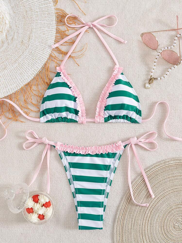 Swim Mod 2pcs Green Floral Print Sexy Backless Halter Lace-Up Women Swimsuit Set, Summer | SHEIN