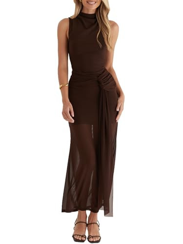 OWIN Womens Cocktail Dress Sexy Mock Neck Ruched Bodycon Formal Dress Sleeveless Mesh Party Maxi Dresses Brown Medium | Amazon (US)
