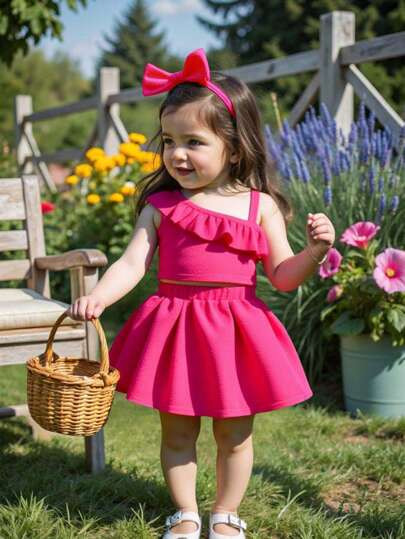 Elladie kids Baby Girl Ruffled Trim Singlet Crop Top And Skirt 2pcs Set, Summer Fashion | SHEIN