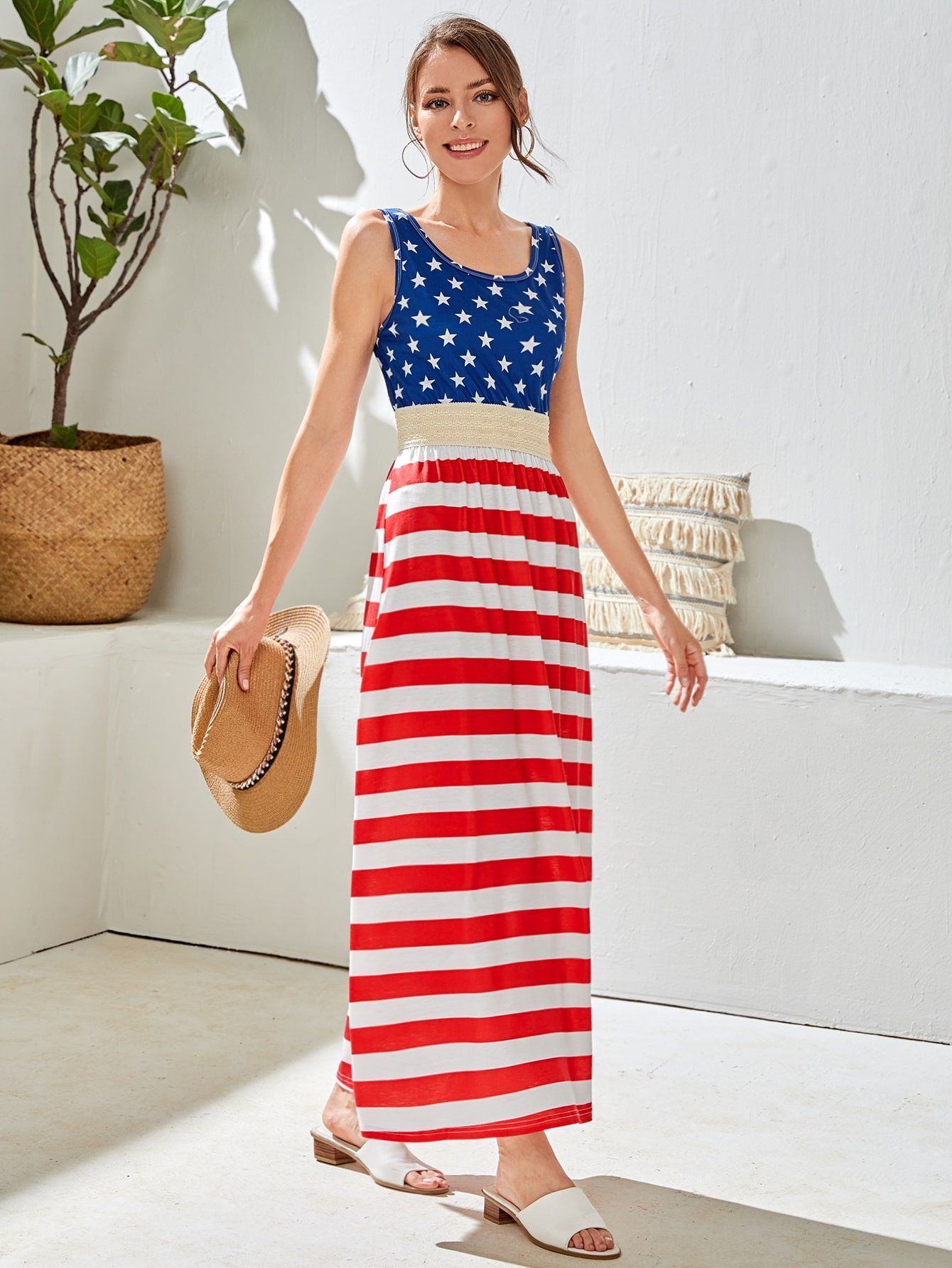 1pc American Flag Print Colorblock Sleeveless Dress | SHEIN