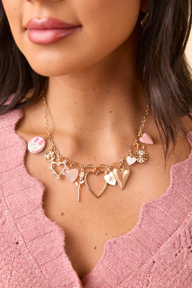Hannah Gold Heart Charm Necklace | Pink Lily