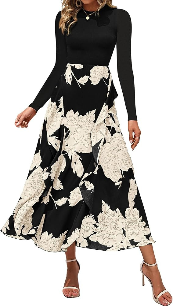 BTFBM Womens Floral Maxi Dress Fall 2025 Casual Crewneck Long Sleeve Ruffle Flowy Cocktail Weddin... | Amazon (US)