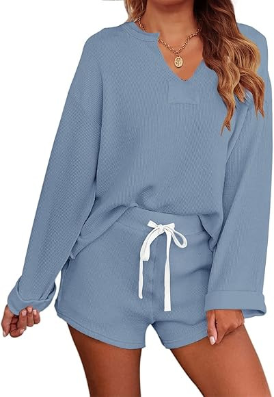 MEROKEETY Women's Long Sleeve Pajama Set Henley Knit Tops and Shorts Sleepwear Loungewear | Amazon (US)