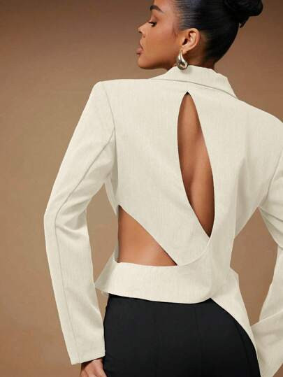 Hauture Solid Color Asymmetrical Hem Backless Long Sleeve Blazer | SHEIN