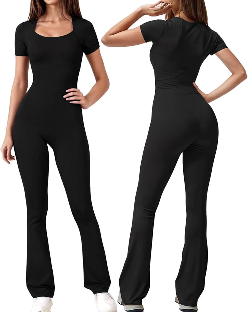 Wenlia One Piece Flare Jumpsuit for Women, Casual Short Sleeve Square Neck Flare Leg Bottoms Body... | Amazon (US)