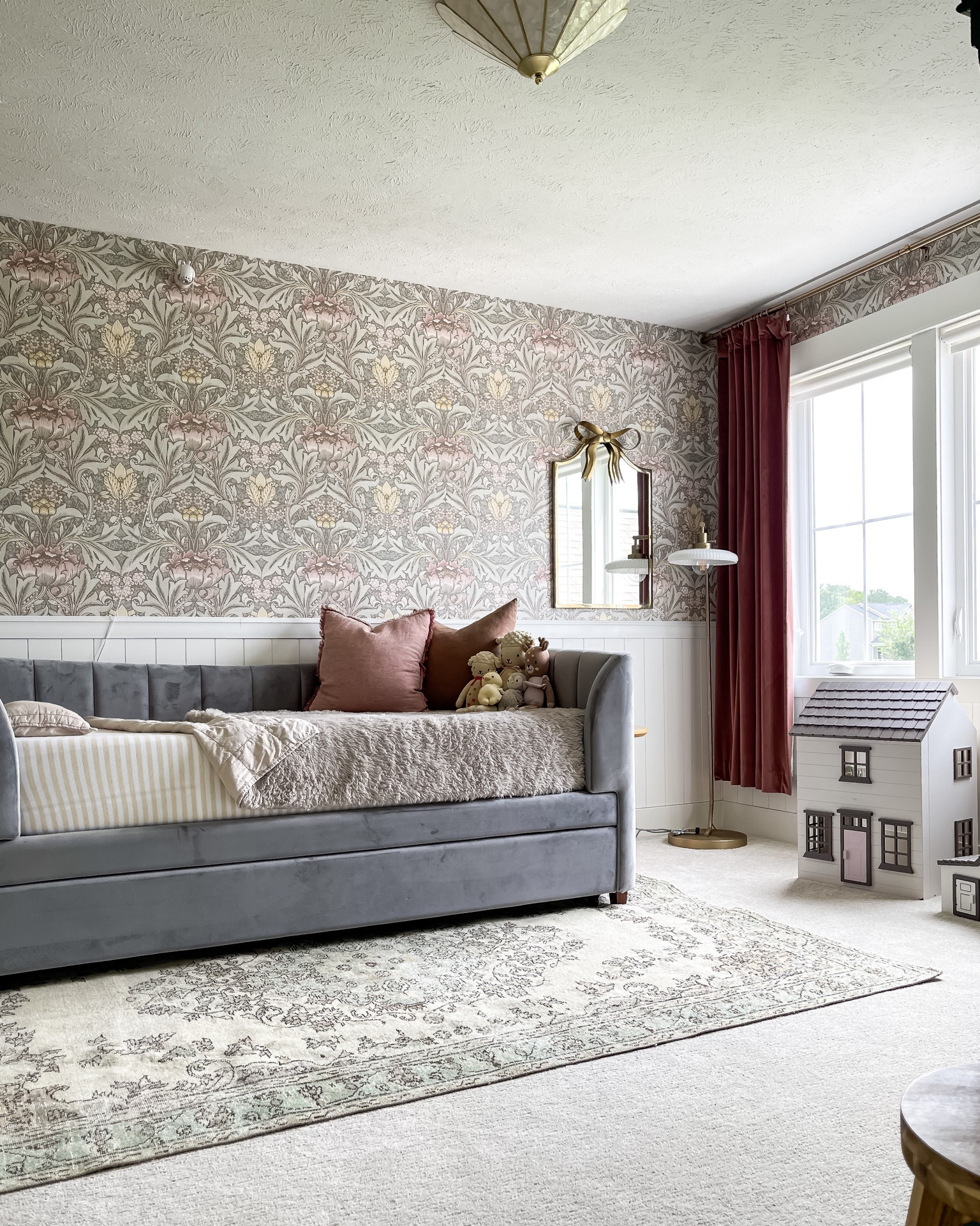 Bringing Timeless Charm to Our Daughters Bedroom with a One-of-a-Kind Vintage Rug from Revival. 

Little girls room, wallpaper, velvet trundle bed, pottery barn bow mirror, Capiz ceiling mount light, velvet curtains, pottery barn dollhouse, cuddle and kind  

#LTKkids #LTKfamily #LTKhome