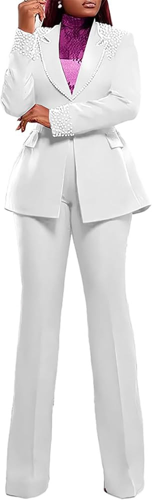 Tcremisa Womens Pants Suit 2 Piece Business Outfits Pearl Blazer Sets | Amazon (US)