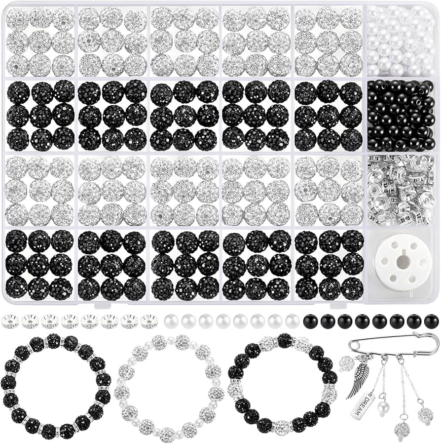 320pcs Rhinestone Beads for Jewelry Making, 10mm Black and White Beads Disco Ball Chunky Crystal ... | Amazon (US)