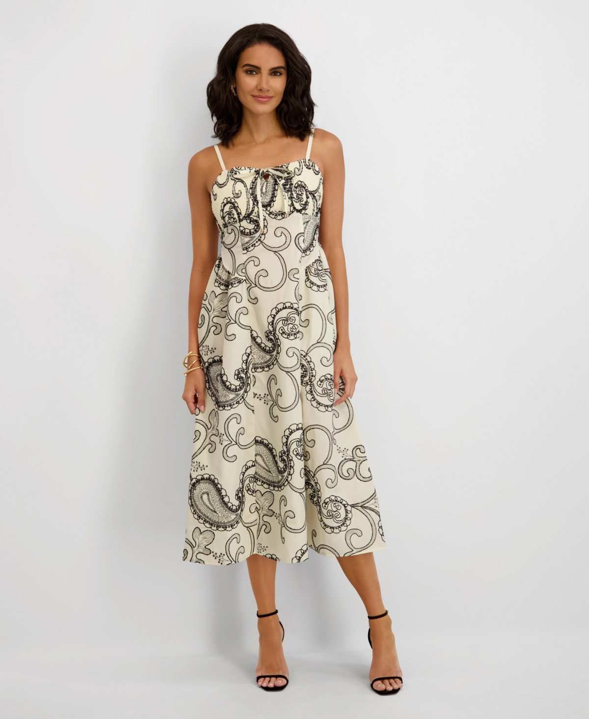 kensie Women's Embroidered Square Neck Dress - Cream/black | Macy's
