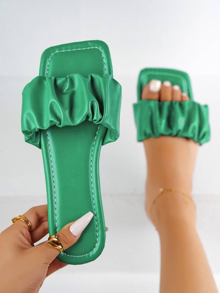 Women's Fashionable Green Solid Color Sandals With Ruffled Decoration And Single Strap | SHEIN