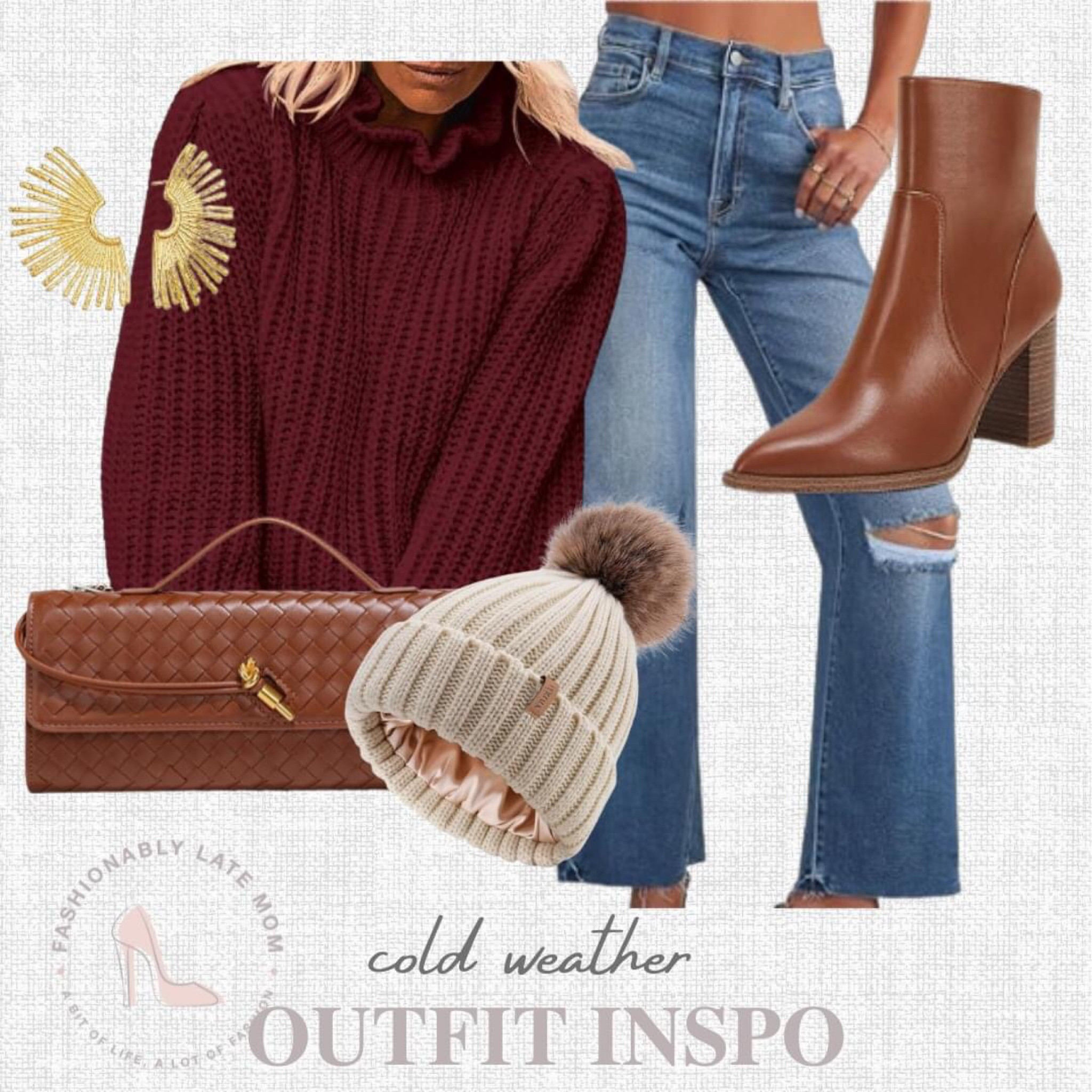 Cold weather outfit inspiration. 

Fashionably Late Mom. 
Outfit ideas for late fall. 
Ideas for winter outfit.