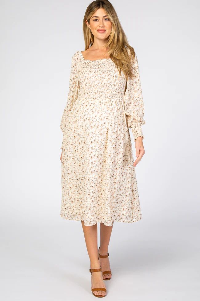 Cream Floral Smocked Bubble Sleeve Maternity Midi Dress | PinkBlush Maternity