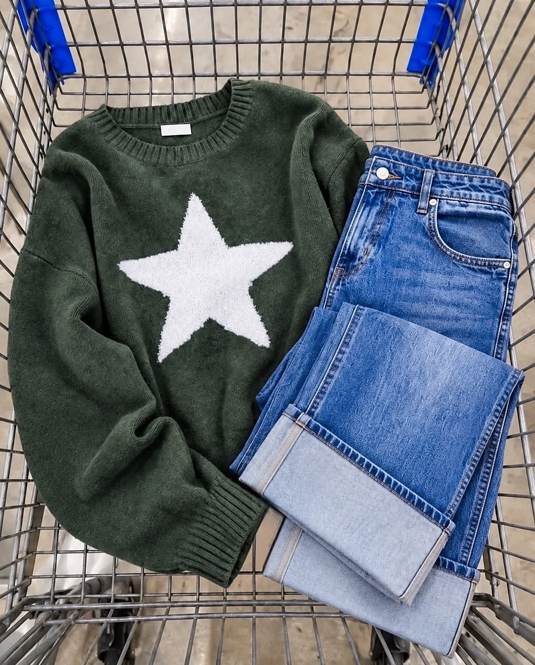 Super fun Walmart sweater in such a pretty shade of green!! We also love those cuffed jeans!👏👏