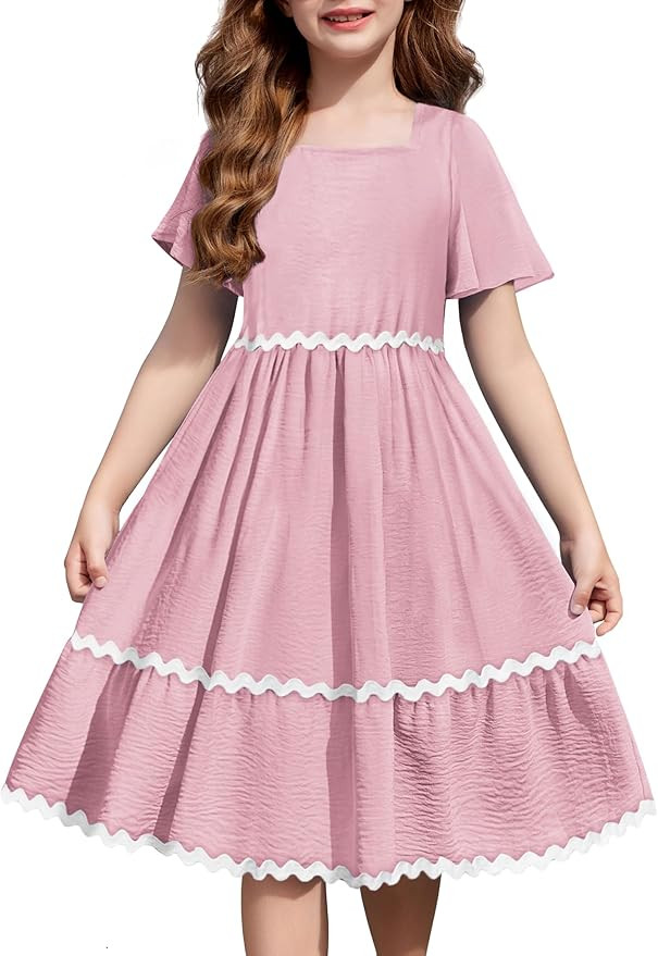 Arshiner Girls Summer Dress Flutter RIC Rac Tiered Short Sleeve Square Neck Casual Midi Dresses w... | Amazon (US)
