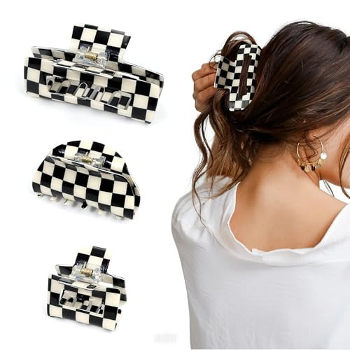3 PCS Checkered Hair Claw Clips for Thick and Thin Hair Large Hair Clips Square Y2K Hair Checker Barrettes Black And White Checkered Jaw Clip Non Slip Checkerboard Clamps Hair Accessories for Women | Amazon (US)
