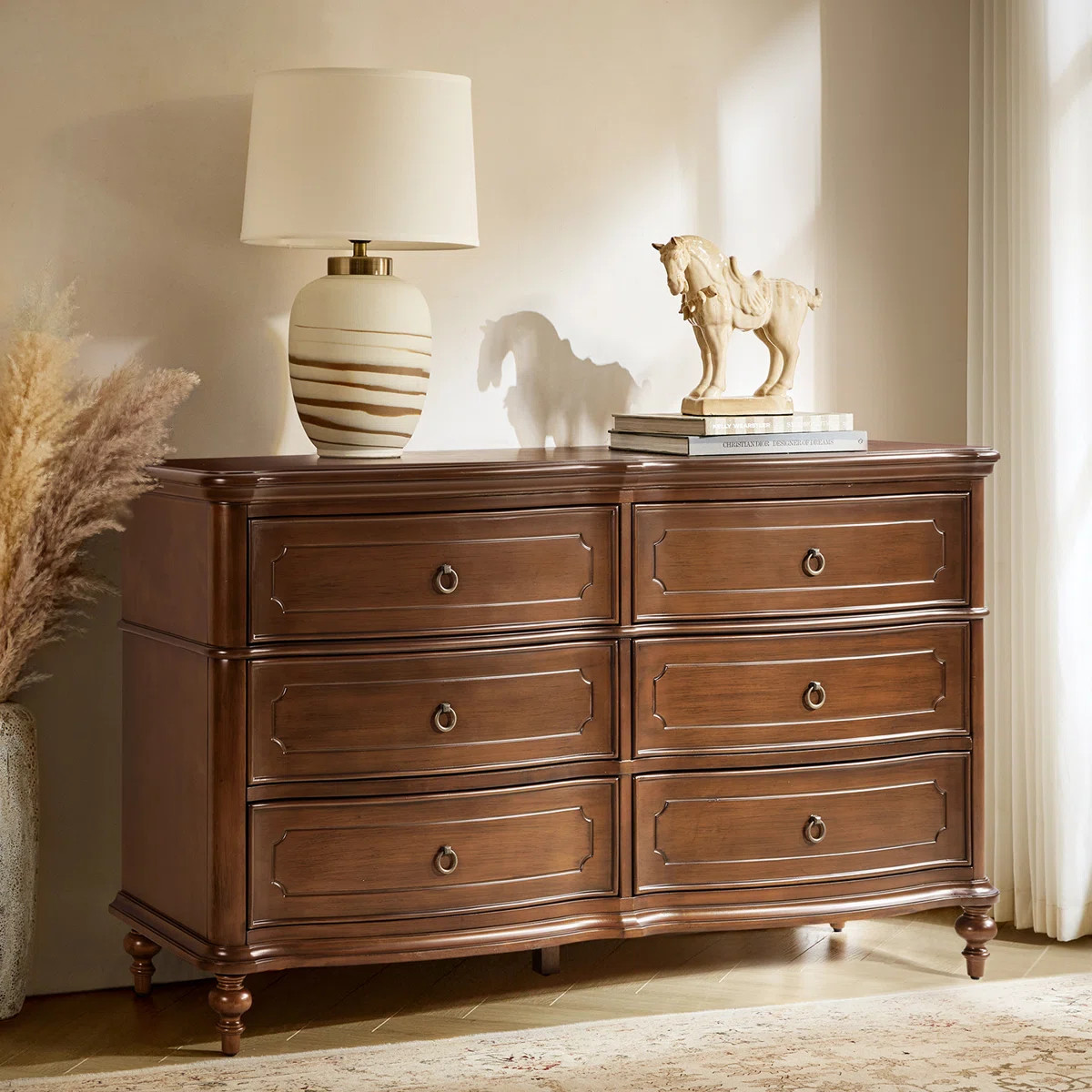 Elfine 58 ''W Traditional 6-Drawer Curved Drawer Fronts Dresser Simple Assembly with Solid Wood | Wayfair North America
