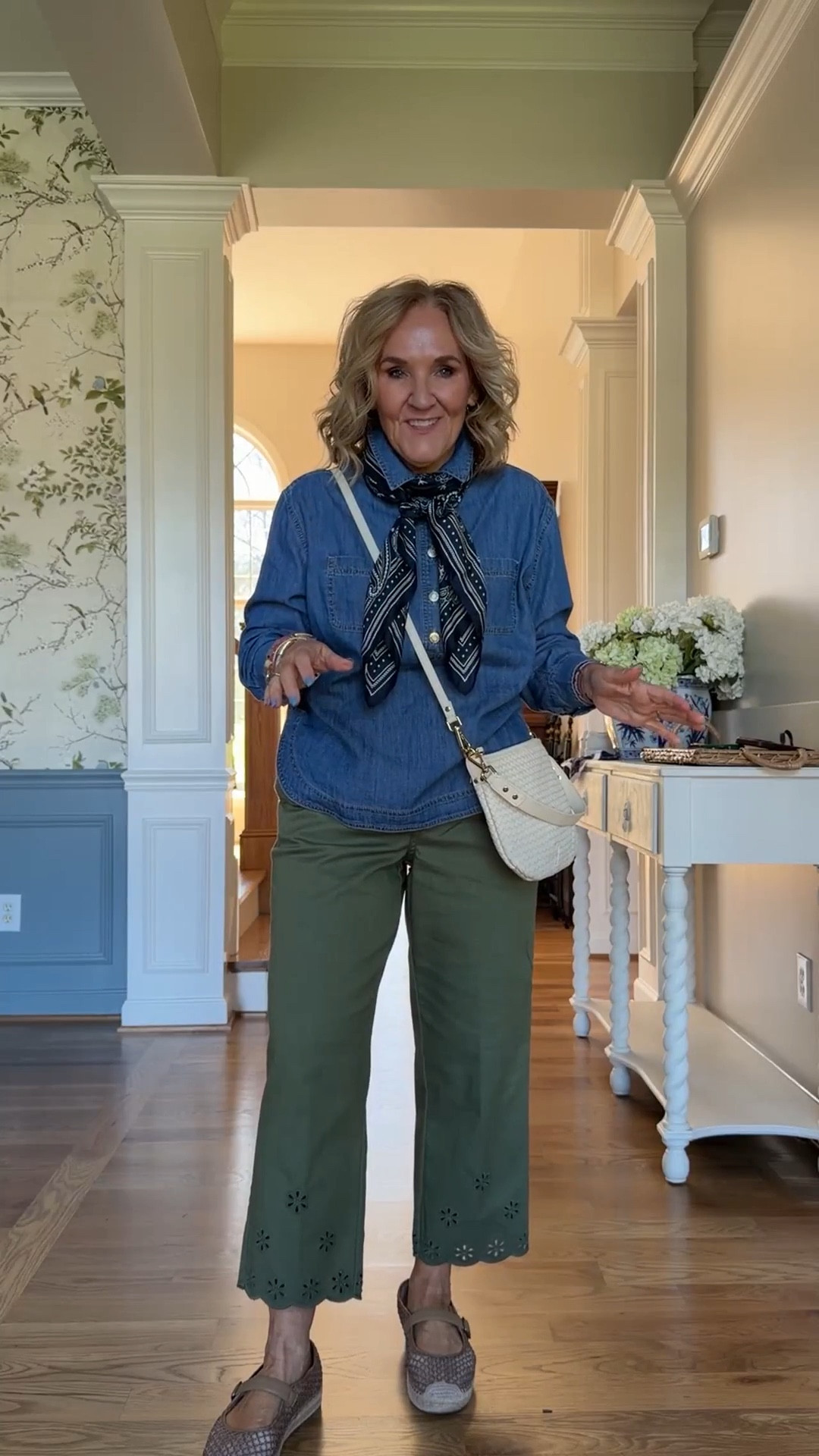 Another outfit from the Sudoku grid travel spring capsule
pants size 8 petite
denim popover size med petite
my scarf is by madewell and they have a very similar one this year. Love the oversized silk bandana 
20% off my bracelet stack code NANETTE20

 

#LTKOver40 #LTKSaleAlert #LTKTravel