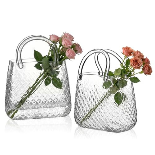 USEEKRIL Glass Purse Vase for Flowers Set of 2,20oz Unique Diamond Stripes Bag Shape Decorative Flower Vases Gifts for Women Party,Fish Bowl,Creative Cute Wine Glasses Cups for Fruit Juice,Tea | Amazon (US)