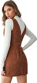 SheIn Women's V Neck Sleeveless Pocket Corduroy Button Pinafore Overall Mini Dress | Amazon (US)