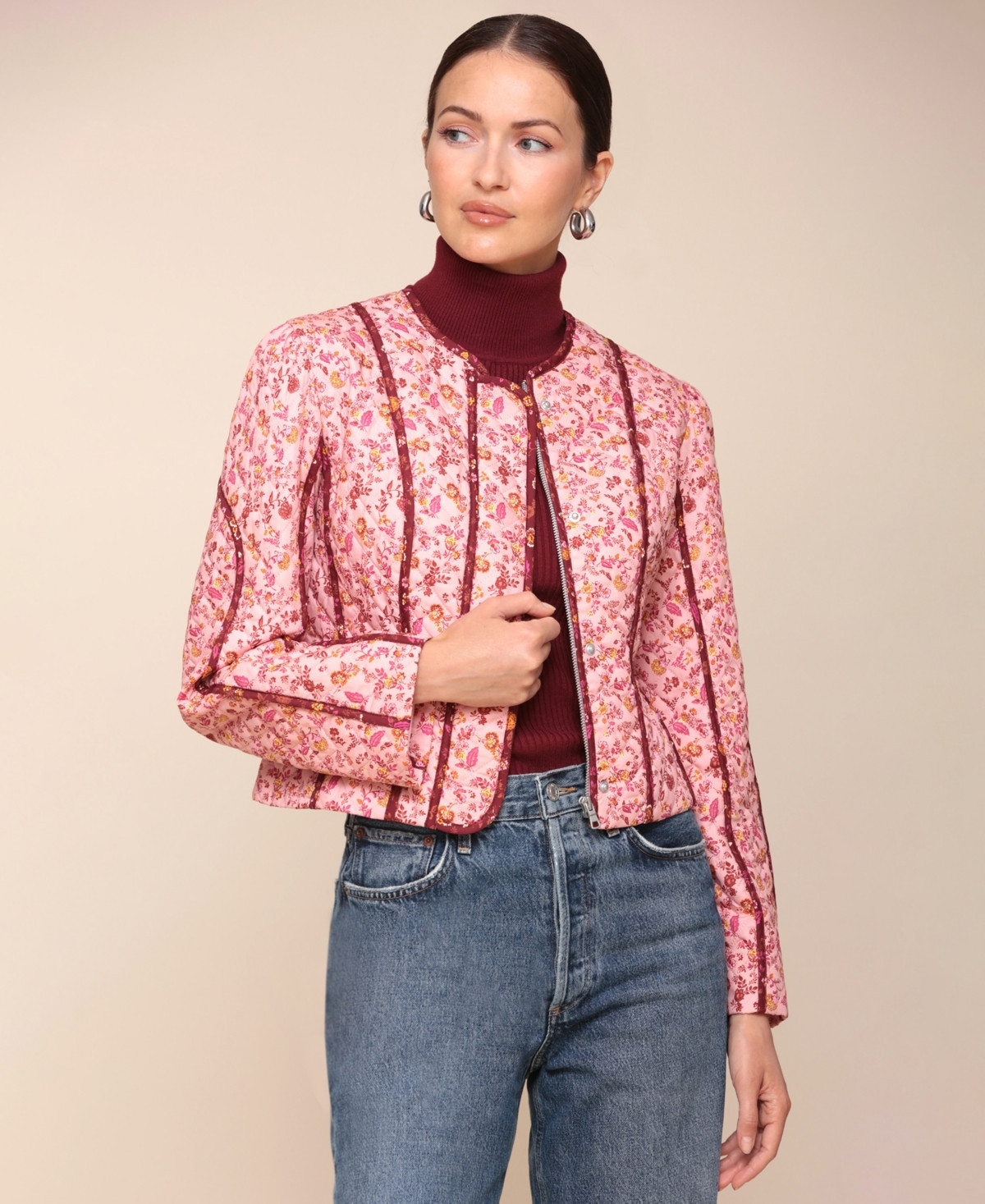 Avec Les Filles Women's Floral-Print Quilted Cropped Jacket - Pink Burgundy Floral | Macy's