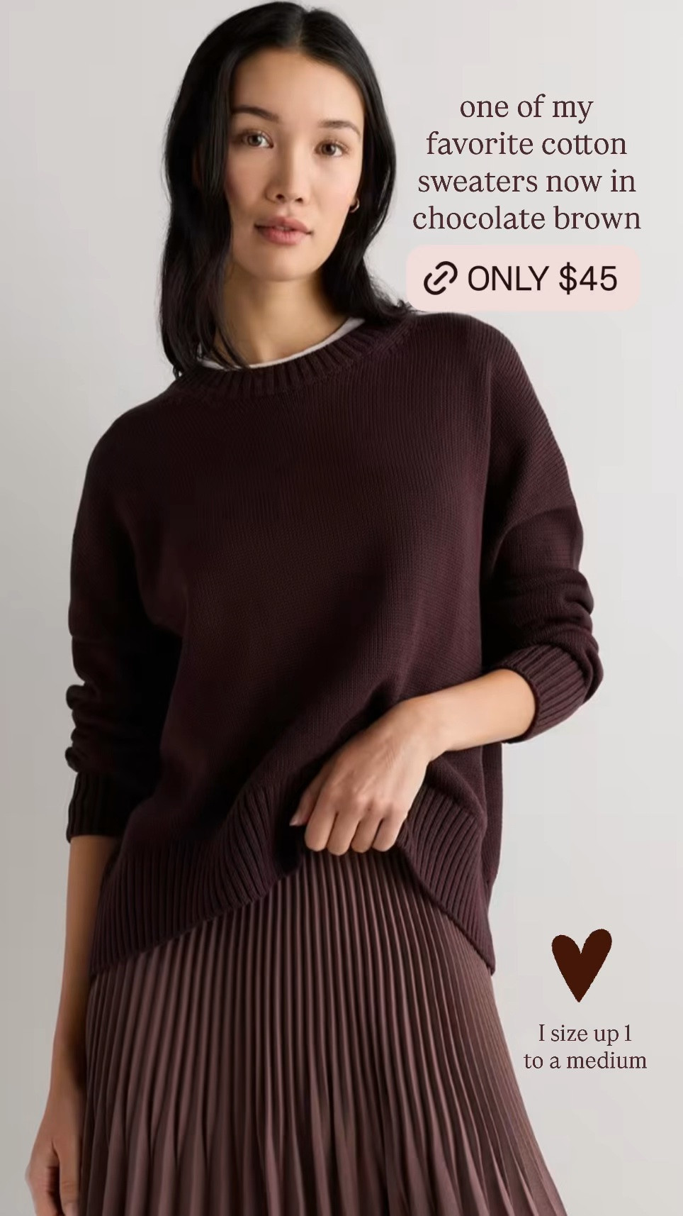 One of my favorite cotton sweaters now in chocolate brown and only $45