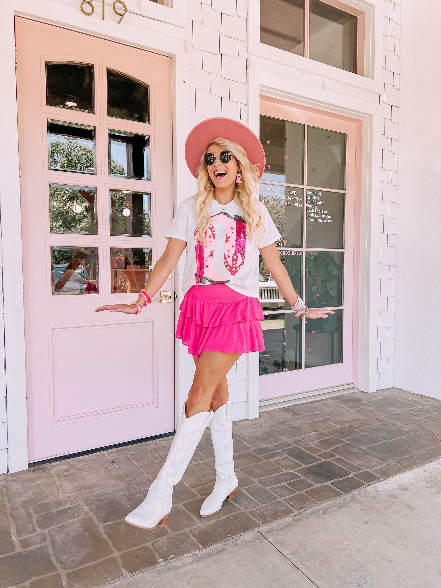 White cowboy boots 
Pink hat 
Pink shorts 
Pink boots tee Nashville tee 
Concert outfit Nashville outfit bachelorette outfit queen of sparkles 
KIM15 for 15 % off top and shorts 

#LTKstyletip #LTKunder100 #LTKshoecrush