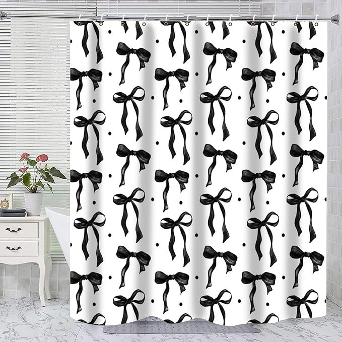 Shower Curtain Black and White, Bow Shower Curtain Set with Hooks, Black Bow Bathroom Accessories... | Amazon (US)