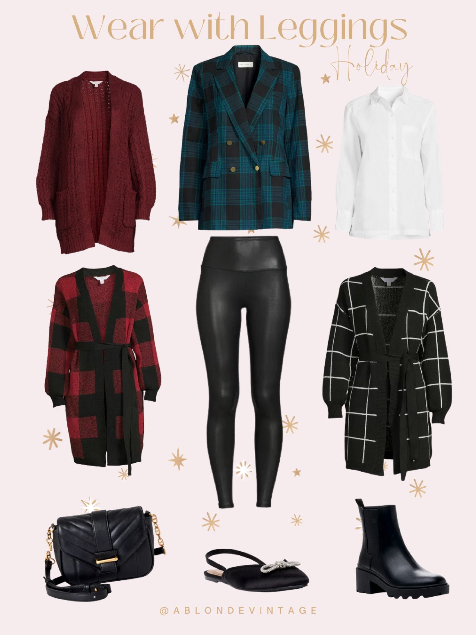 I love styling faux leather leggings for Holiday gatherings! Dress them up or down with any of these blazers or cardigans and make it extra special with a crossbody purse or sparkly mules! @walmart @walmartfashion #walmartpartner #walmartfashion

#LTKSeasonal #LTKHoliday #LTKstyletip